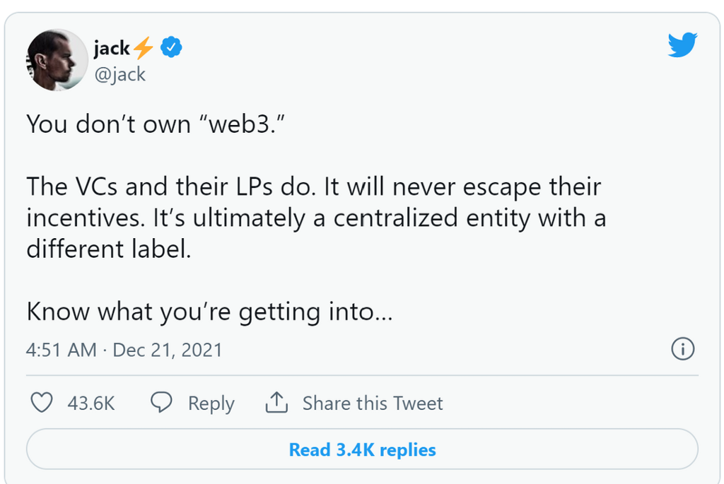 Jack Dorsey tweet on Web 3.0